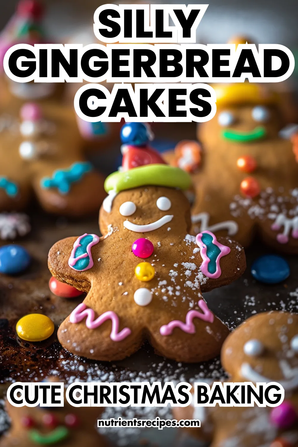 Silly Gingerbread Cakes: Gingerbread cakes decorated with colorful icing and candy—silly, cute Christmas baking