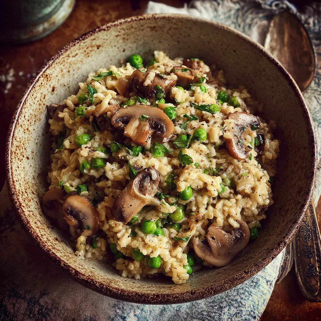 Slow cooker mushroom and brown rice casserole served in a bowl.