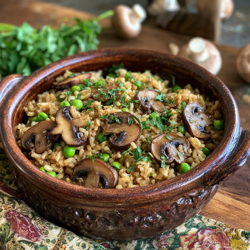 Slow cooker mushroom and brown rice casserole served in a bowl