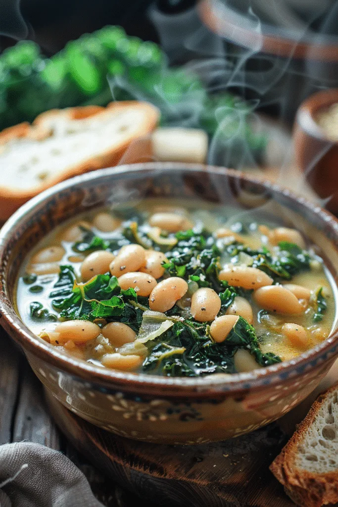 Bowl of slow cooker white bean and kale stew with vegetables and herbs—cozy winter meal