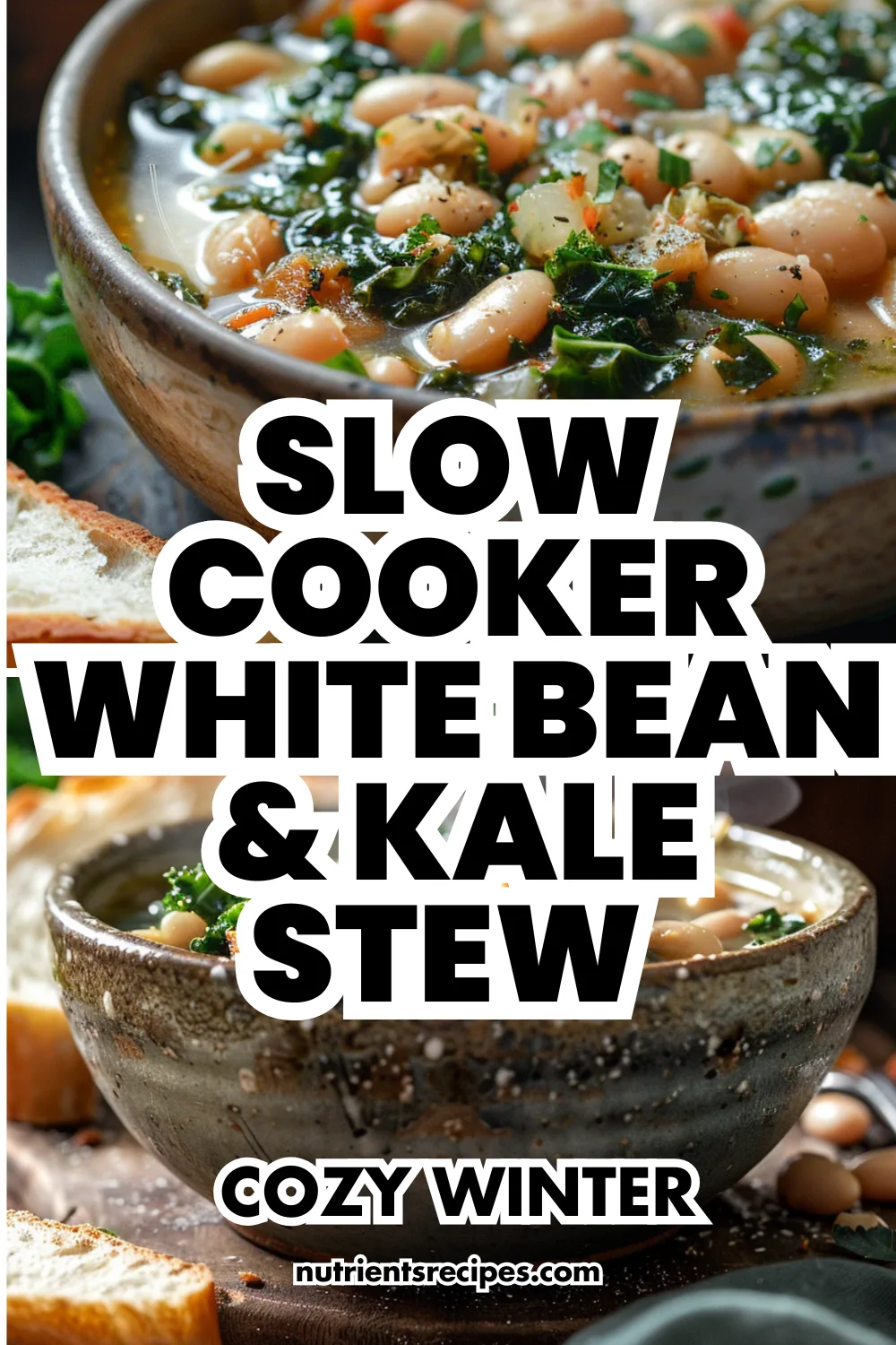 Bowl of slow cooker white bean and kale stew with vegetables and herbs—cozy winter meal