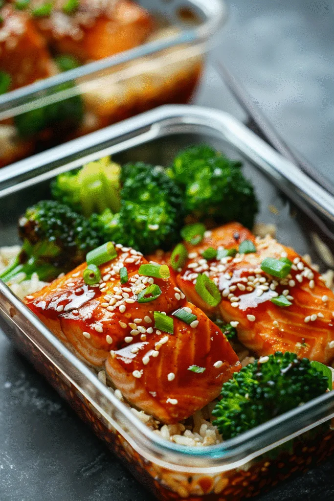 Teriyaki salmon bowl with rice, broccoli, edamame, and avocado—omega-3 rich meal prep