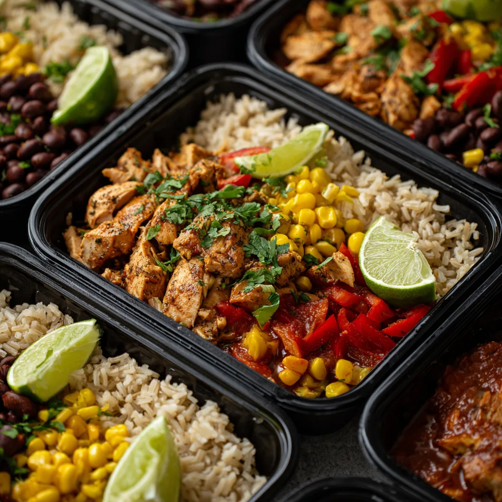 Colorful tex mex chicken burrito bowl in meal prep container with brown rice, seasoned chicken, black beans, corn, bell peppers, cherry tomatoes, and lime wedge