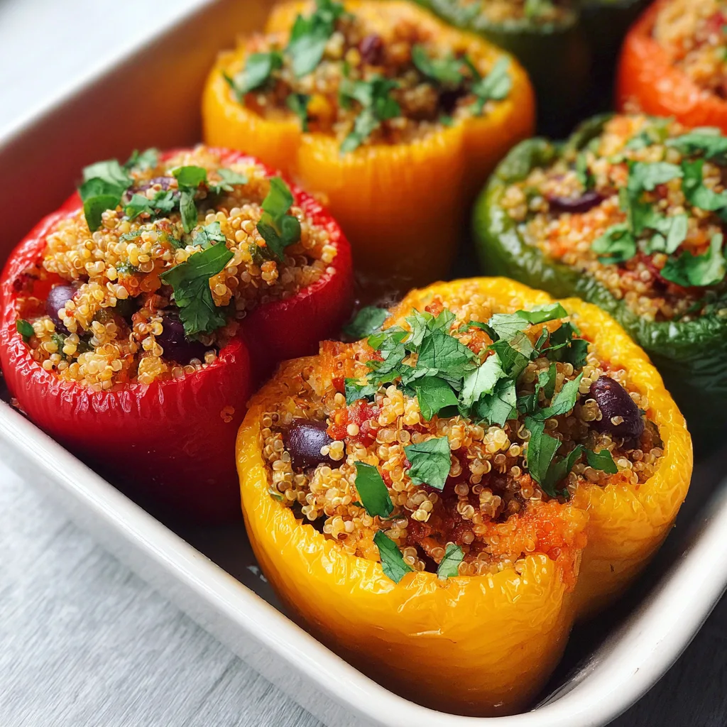 Vegetarian Stuffed Peppers – Healthy Plant-Based Meal Prep Recipe Colorful baked vegetarian stuffed bell peppers filled with quinoa, black beans, corn, and melted cheese in white baking dish
