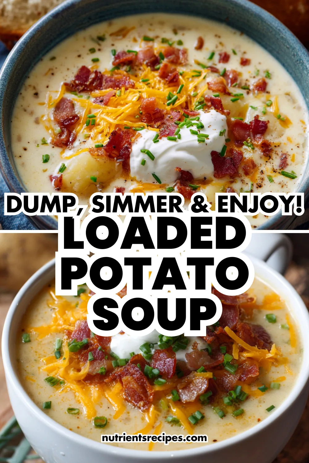 One-pot loaded potato soup in a bowl with bacon, cheddar cheese, and green onions
