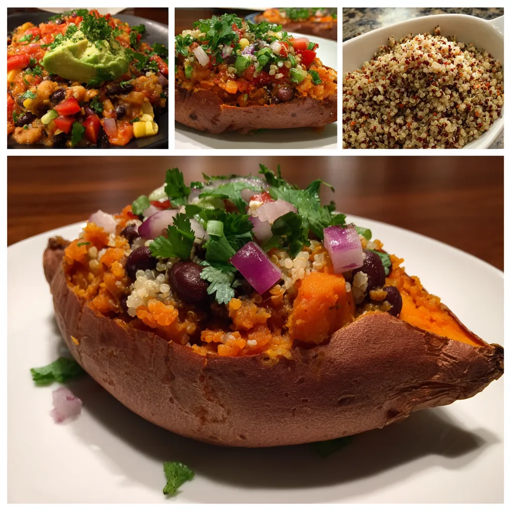 Vegan black bean and quinoa sweet potato stuffed bowl topped with avocado, cabbage, and lime wedge