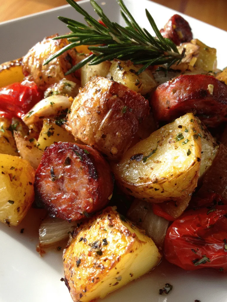 Easy one-pot roasted potato and sausage bake with bell peppers and onions on sheet pan garnished with fresh parsley
