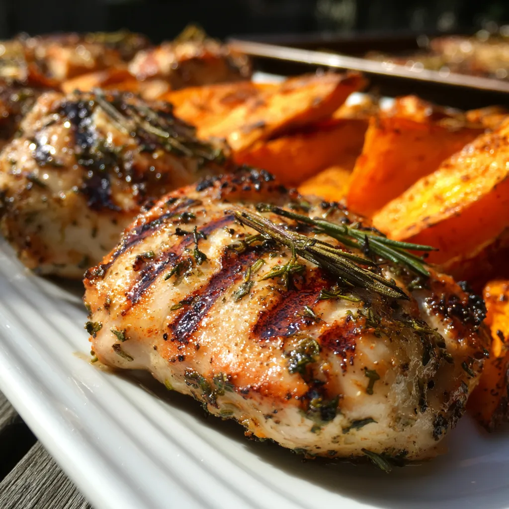 Grilled chicken thighs with herb-roasted sweet potatoes featuring crispy golden skin, fresh rosemary garnish, and caramelized sweet potato cubes on white plate