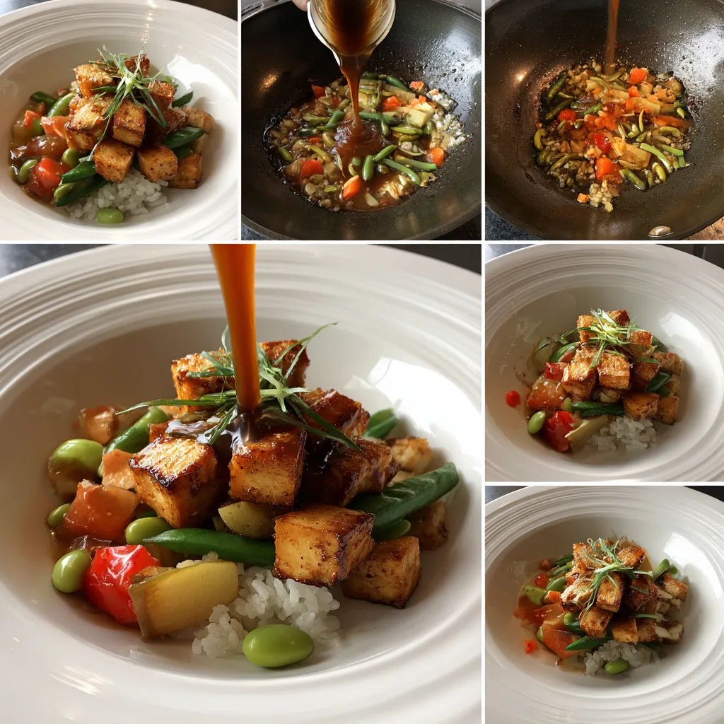 High-Protein Tofu and Edamame Potato Stir-Fry Bowl with crispy tofu cubes, golden potatoes, and bright green edamame