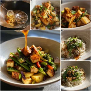 High-Protein Tofu and Edamame Potato Stir-Fry Bowl with crispy tofu cubes, golden potatoes, and bright green edamame