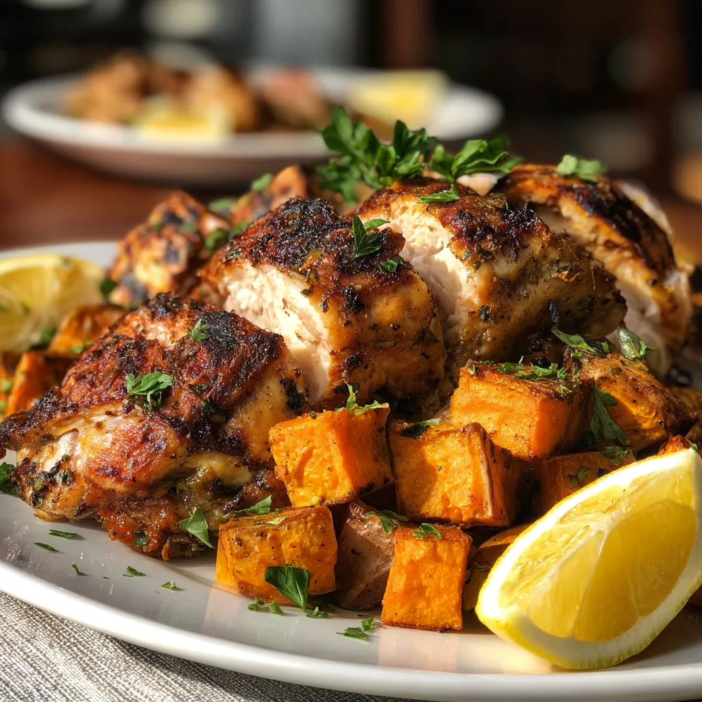 Instant Pot Turkey and Potato One-Pot Dinner with herbs and gravy on white plate