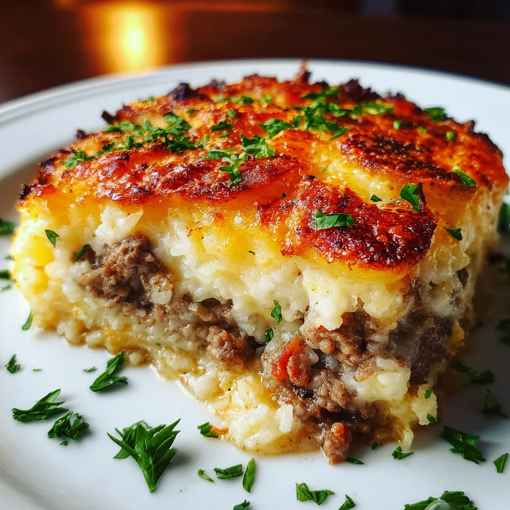Low-carb lean beef and cauliflower rice potato casserole with melted cheddar cheese topping