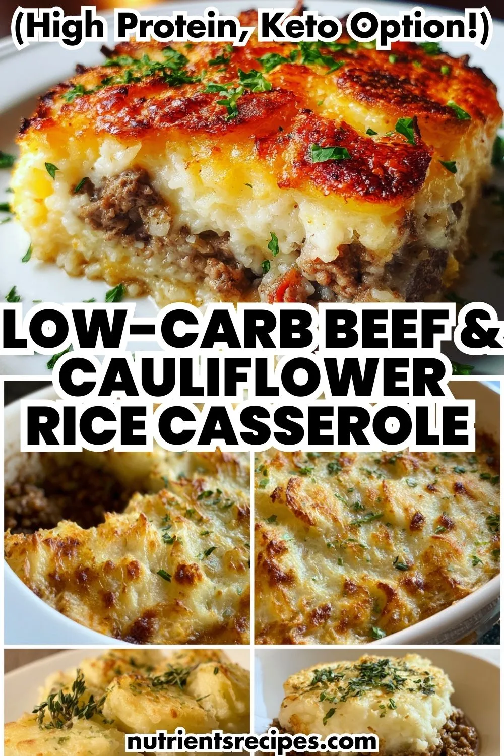 Low-carb lean beef and cauliflower rice potato casserole with melted cheddar cheese topping