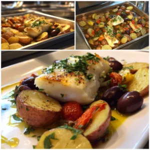 Mediterranean Baked Cod with Roasted Potatoes and Olives on a white plate with lemon wedges and parsley