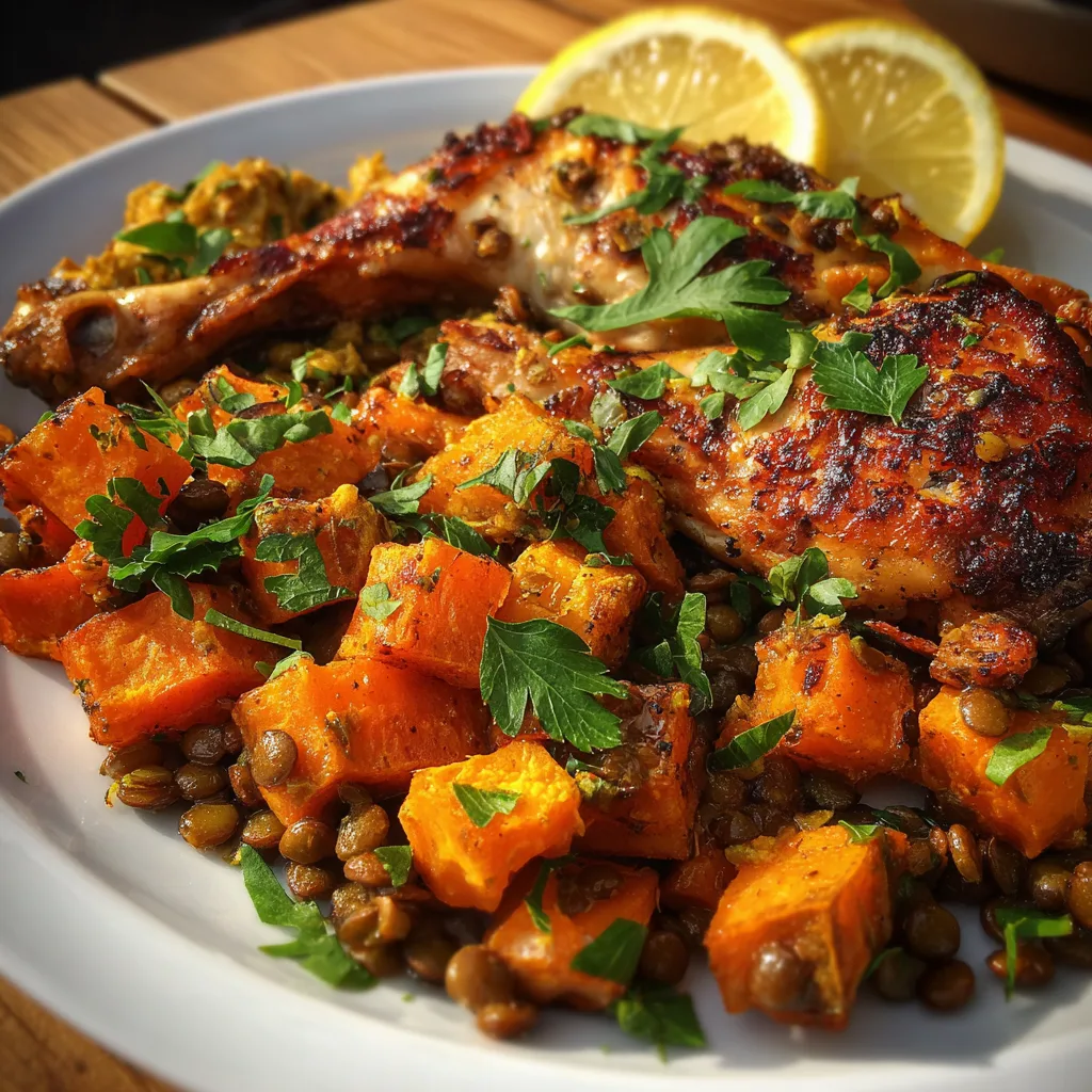 One-Pot Sweet Potato and Lentil Curry in a white bowl with rice and fresh cilantro