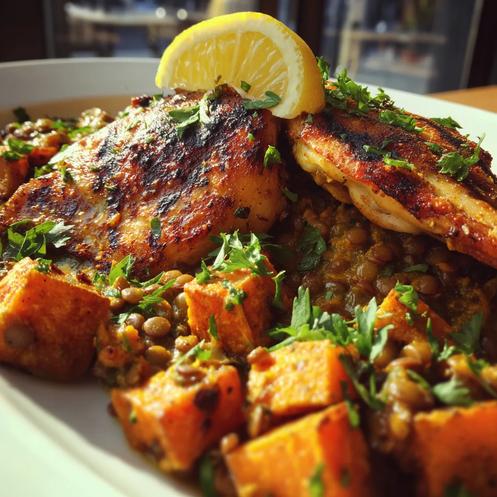 One-Pot Sweet Potato and Lentil Curry in a white bowl with rice and fresh cilantro