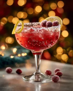 Sparkling Cranberry Lemon Drop Mocktail in a sugar-rimmed glass with fresh cranberries and lemon twist on a holiday table