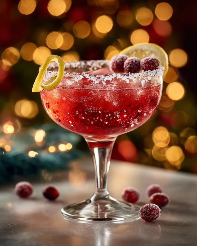 Sparkling Cranberry Lemon Drop Mocktail in a sugar-rimmed glass with fresh cranberries and lemon twist on a holiday table