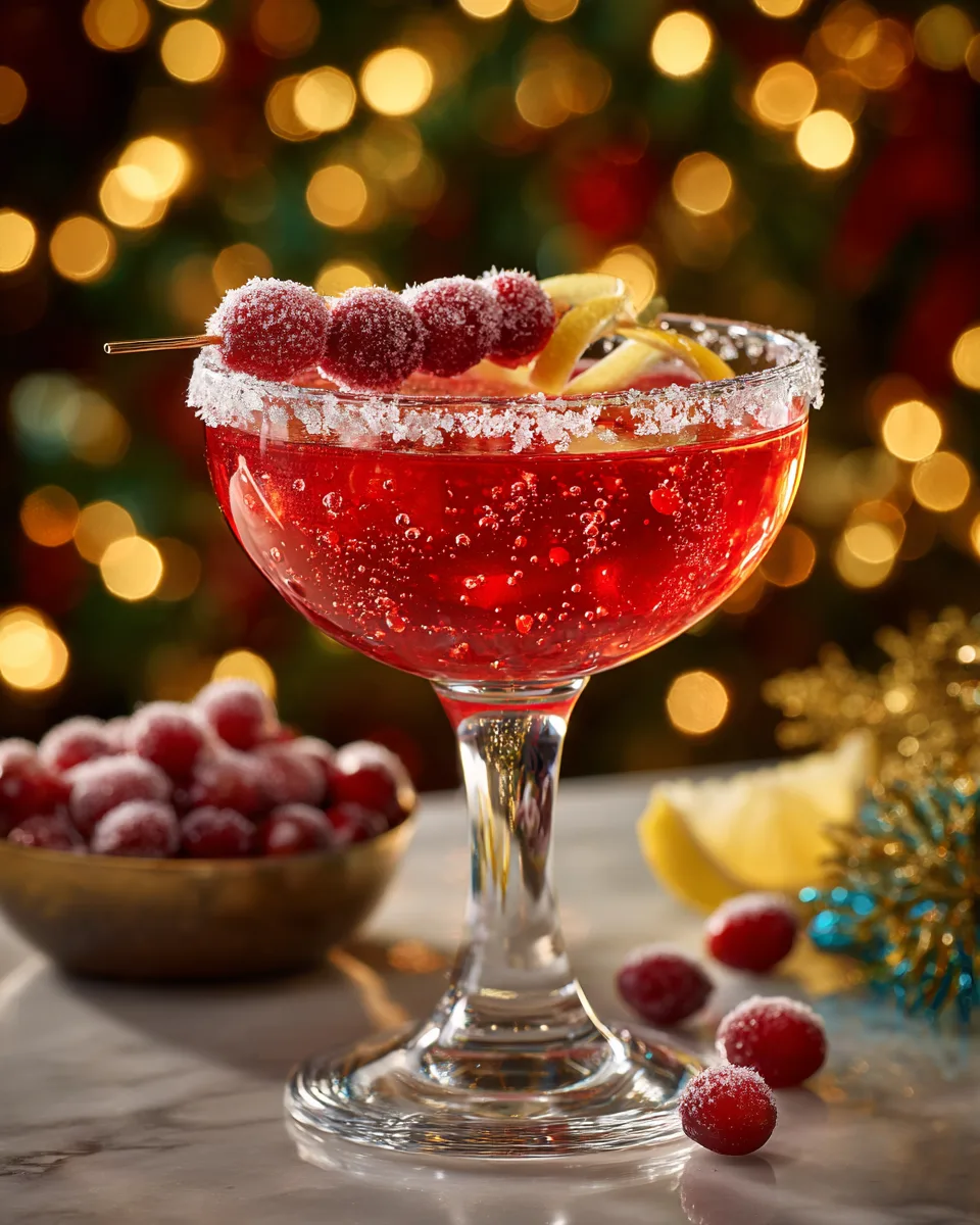 Cranberry Lemon Drop Mocktail Recipe Sparkling Cranberry Lemon Drop Mocktail in a sugar-rimmed glass with fresh cranberries and lemon twist on a holiday table